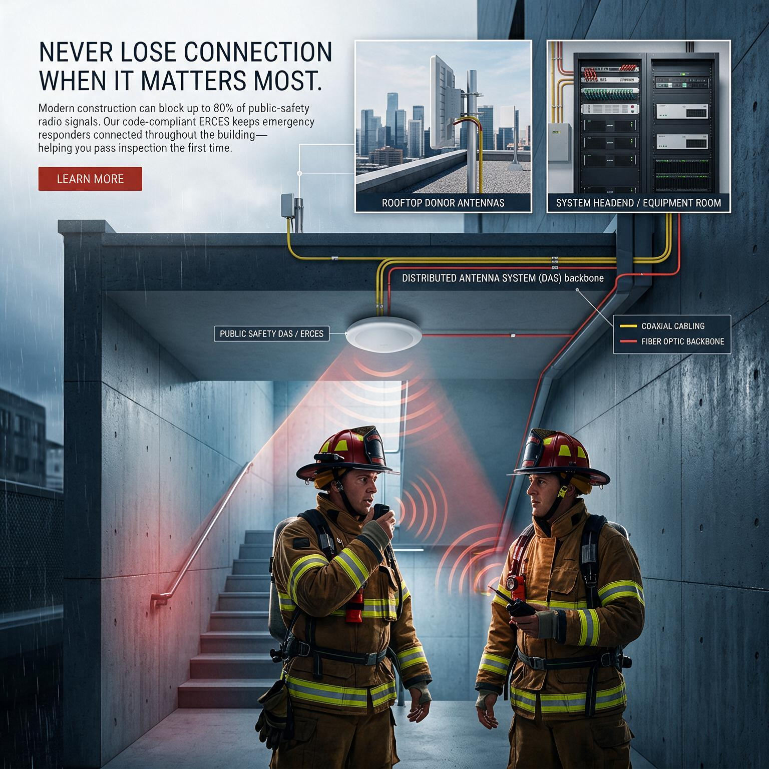 How a code-compliant ERCES public-safety DAS works: rooftop donor antennas and a system headend feed a distributed antenna system backbone of coaxial and fiber cabling down to a ceiling antenna that delivers reliable two-way radio coverage to firefighters inside the building.
