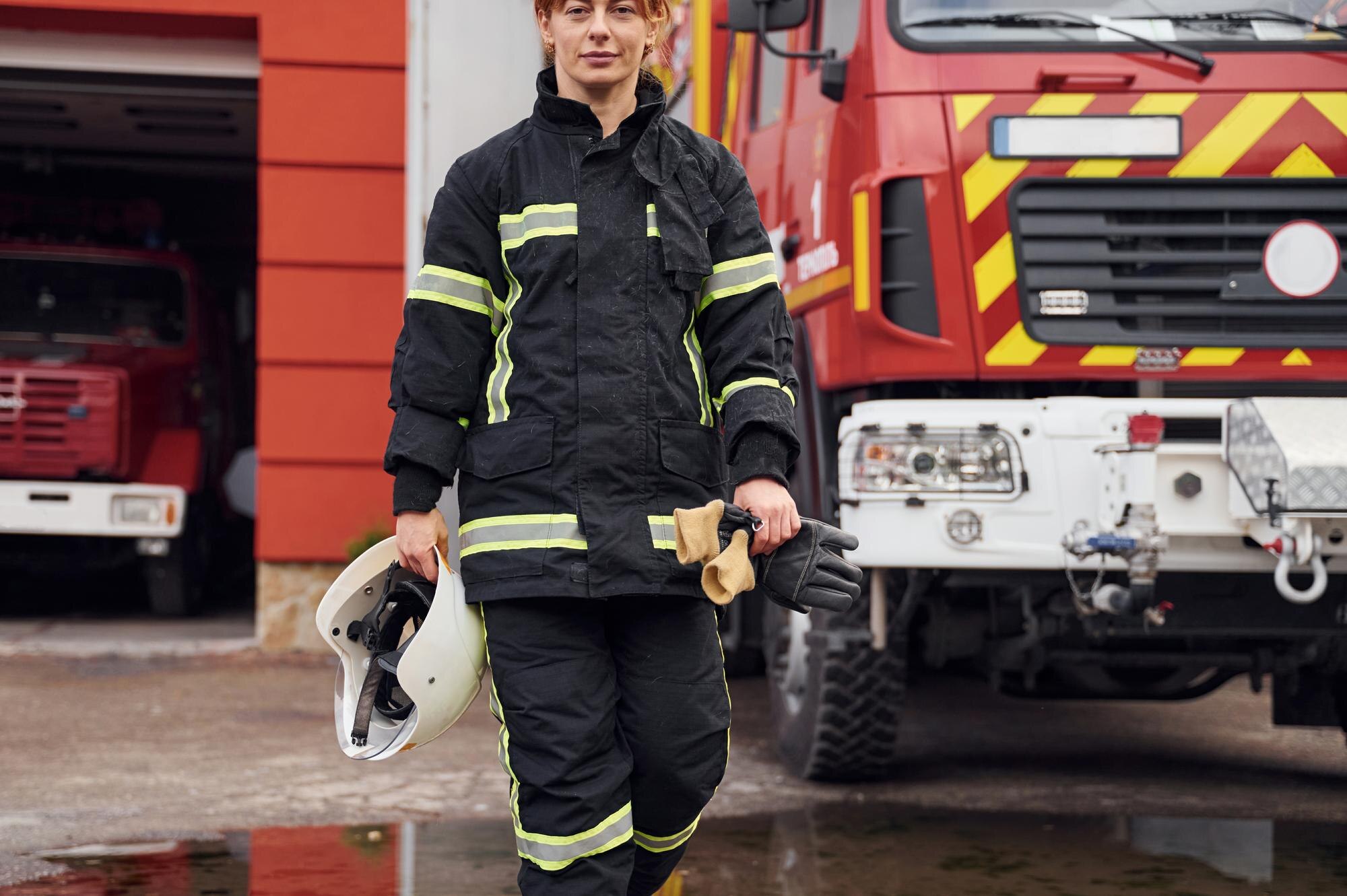 Firefighter communicating over a two-way radio inside a building